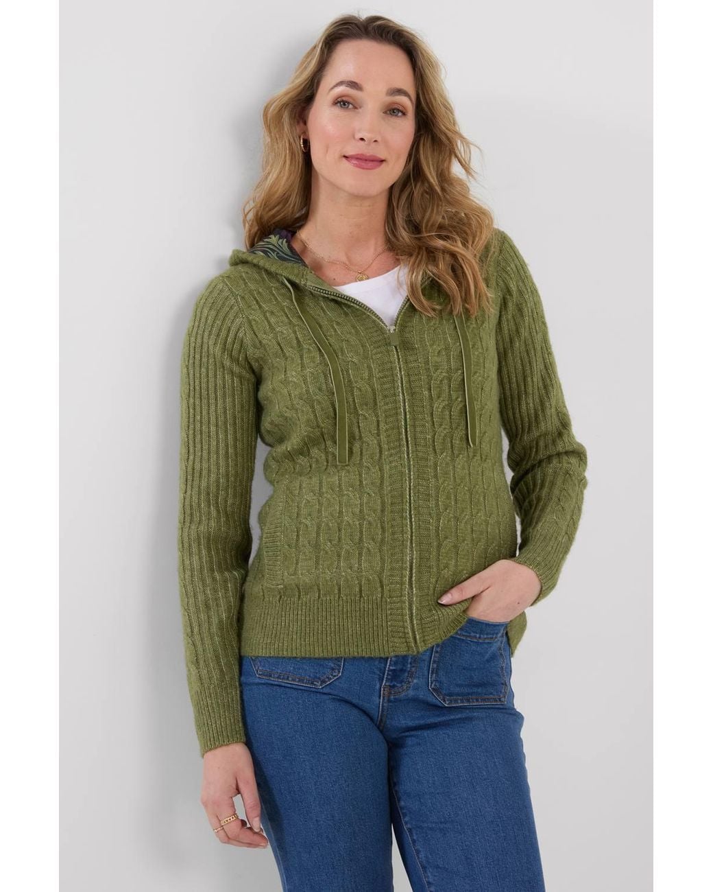 Joe Browns Green Cosy Hooded Cable Knit Zip Through Cardigan