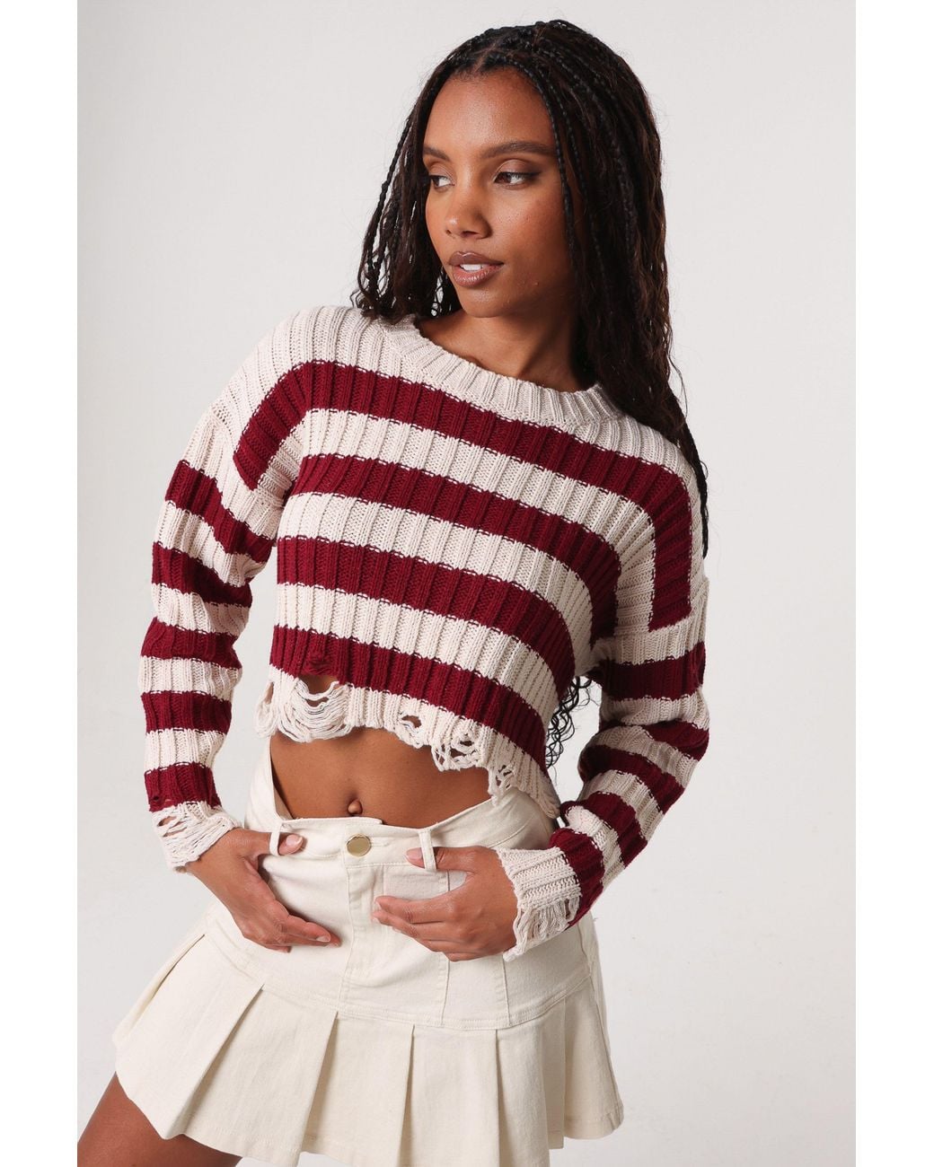 Pink Vanilla Red Distressed Striped Crop Knit Jumper