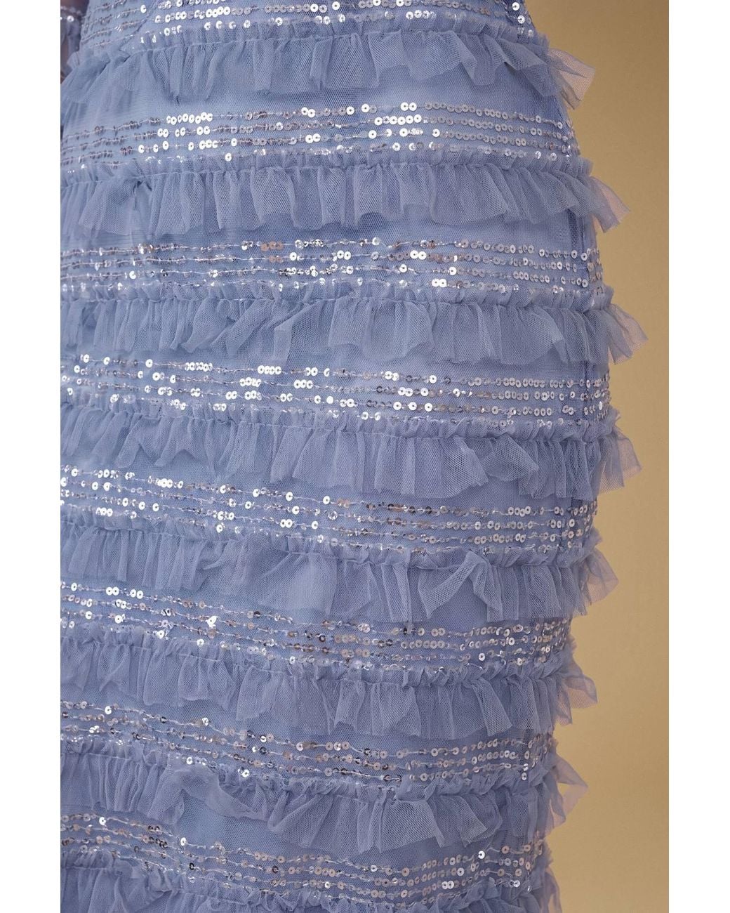 Oasis Blue Flare Sleeve Sequin Mesh Ruffle Bow Back Maxi Dress