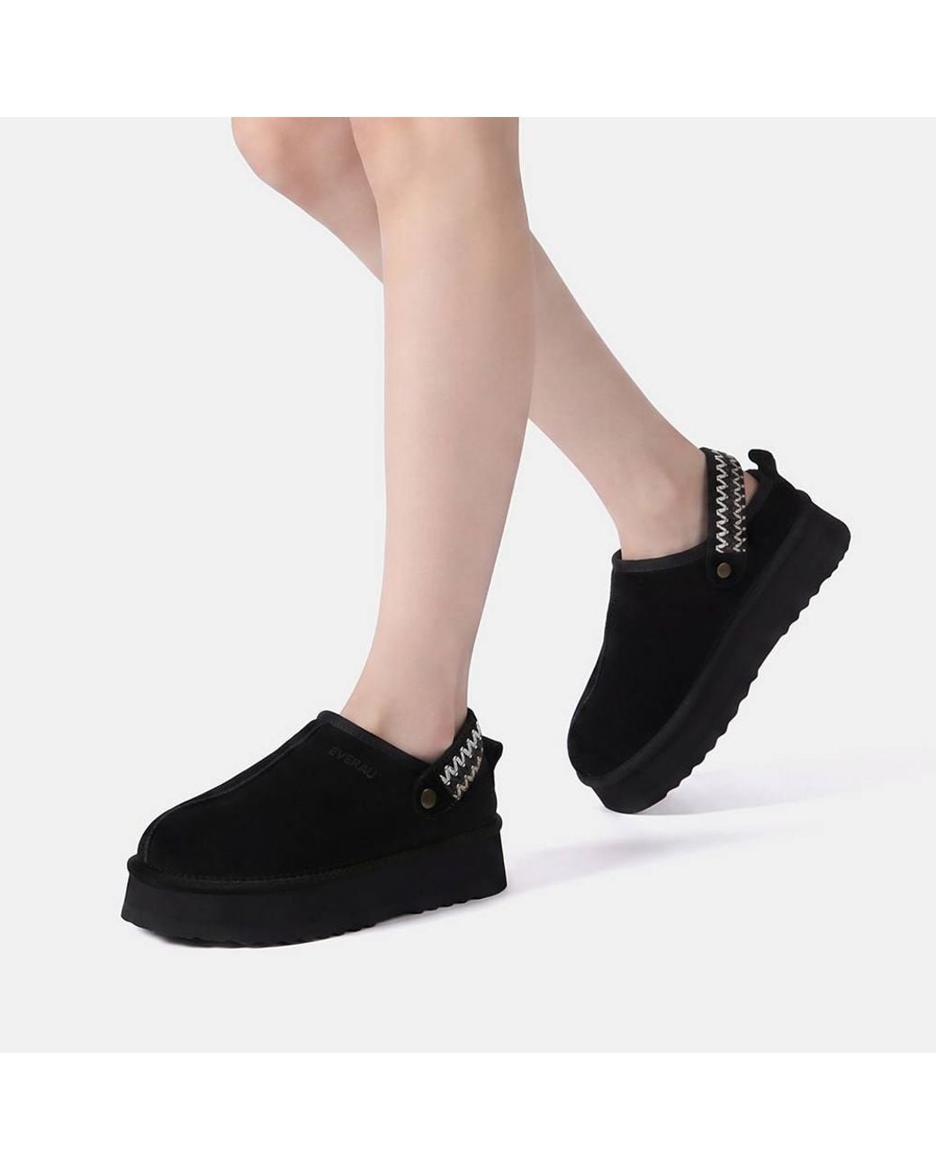 EverAu Australia Black Sheepskin Wool Maeve Platform Slippers With Eva Sole