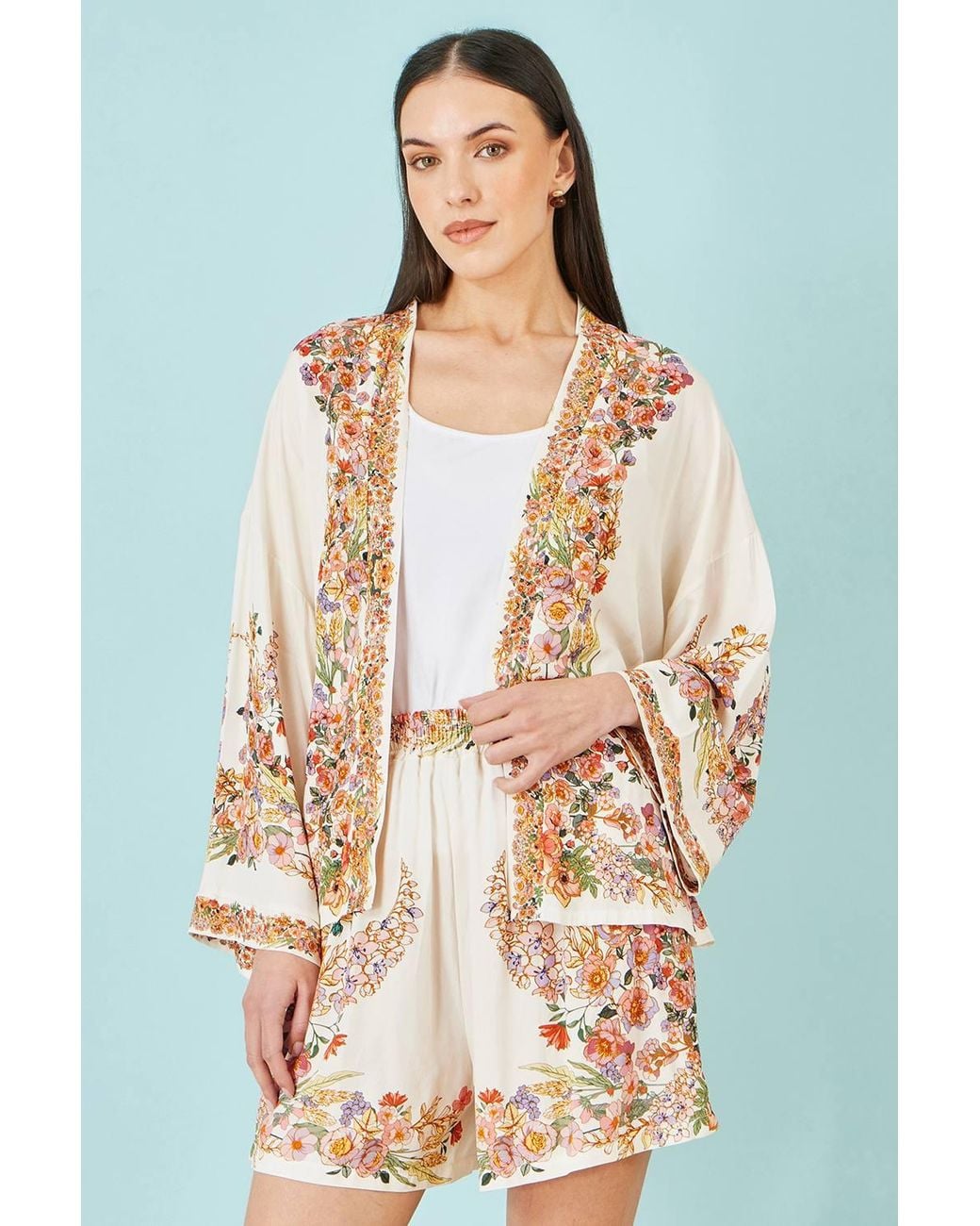Yumi' Blue Viscose Floral Border Kimono With Tie Belt