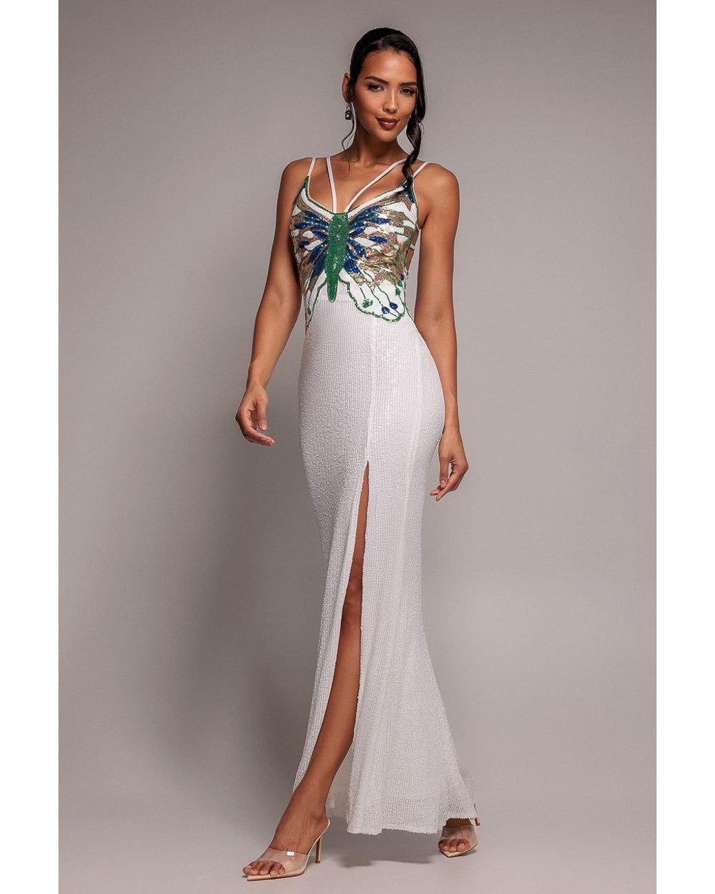 Goddiva White Sequin Butterfly Front Split Maxi Dress