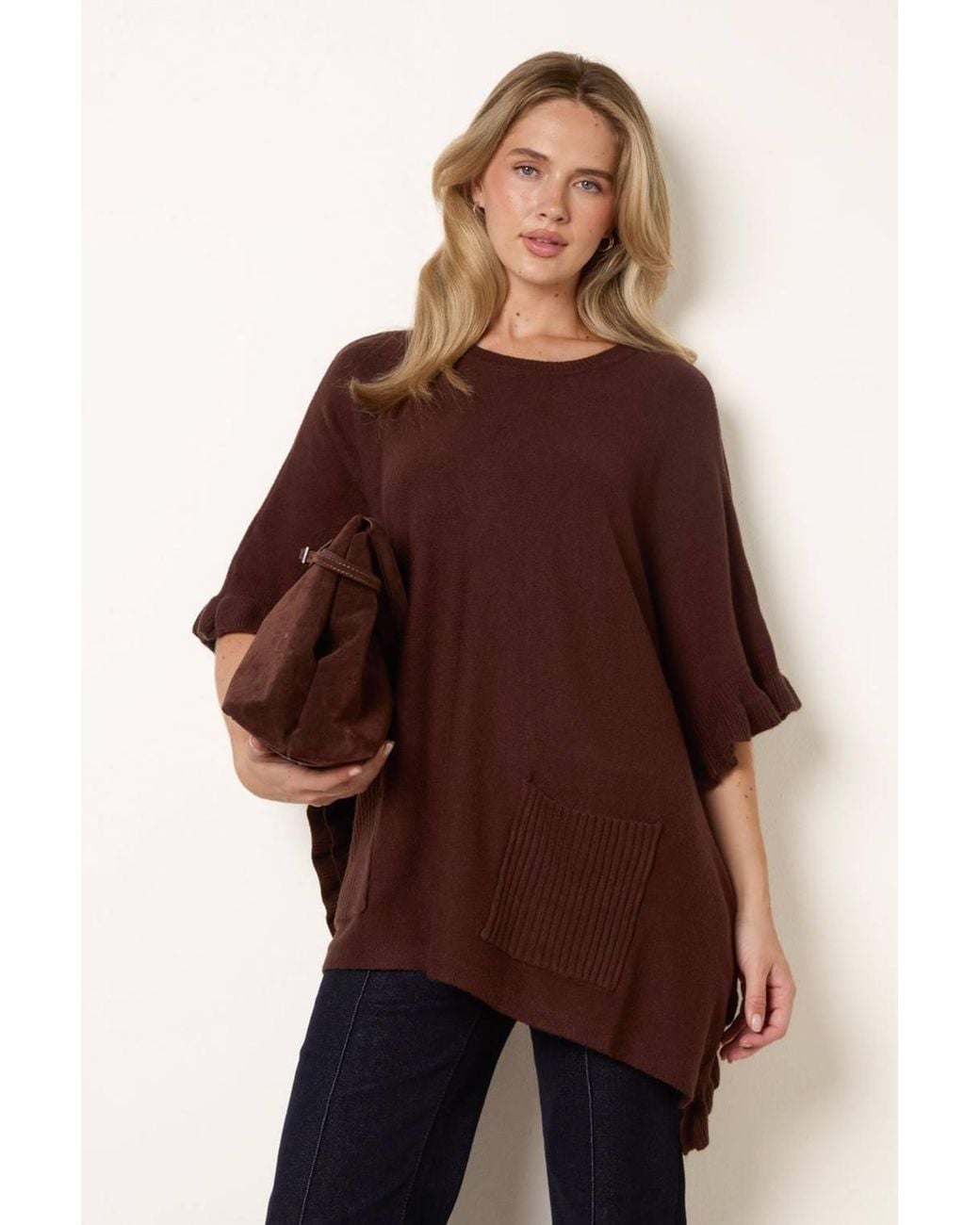 Blue Vanilla Brown Sleeveless Round Neck Poncho