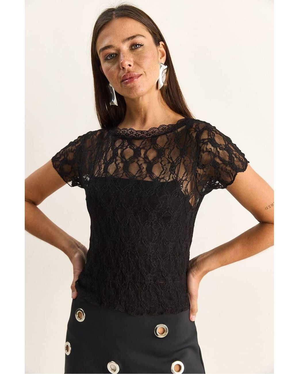 Bianco Lucci Black Lace Crew Neck Blouse