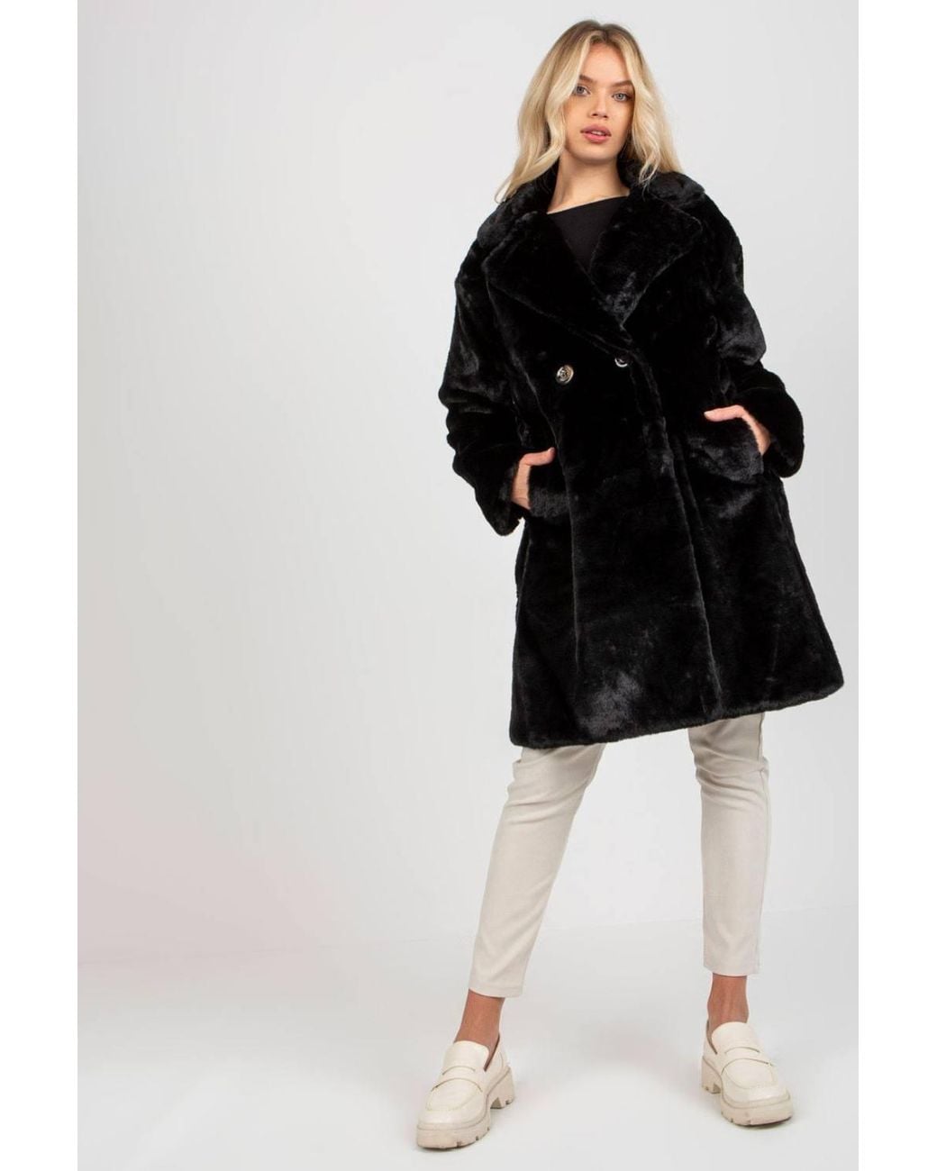 Love Lace Black Lined Faux Fur Coat With Pockets