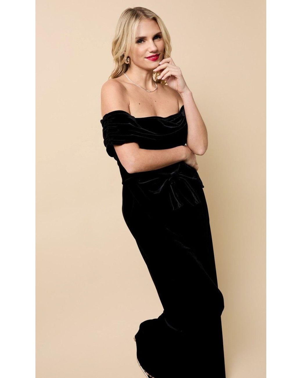 Little Mistress Black Velvet Bow Detail Bardot Jumpsuit