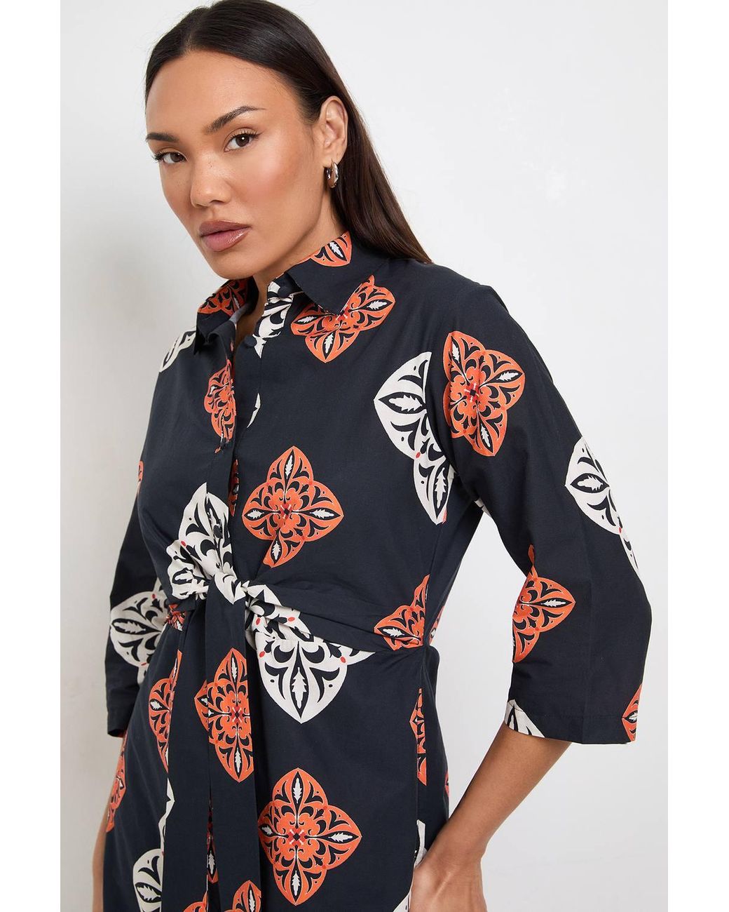 PRINCIPLES Red Tile Print Tie Front Midi Shirt Dress