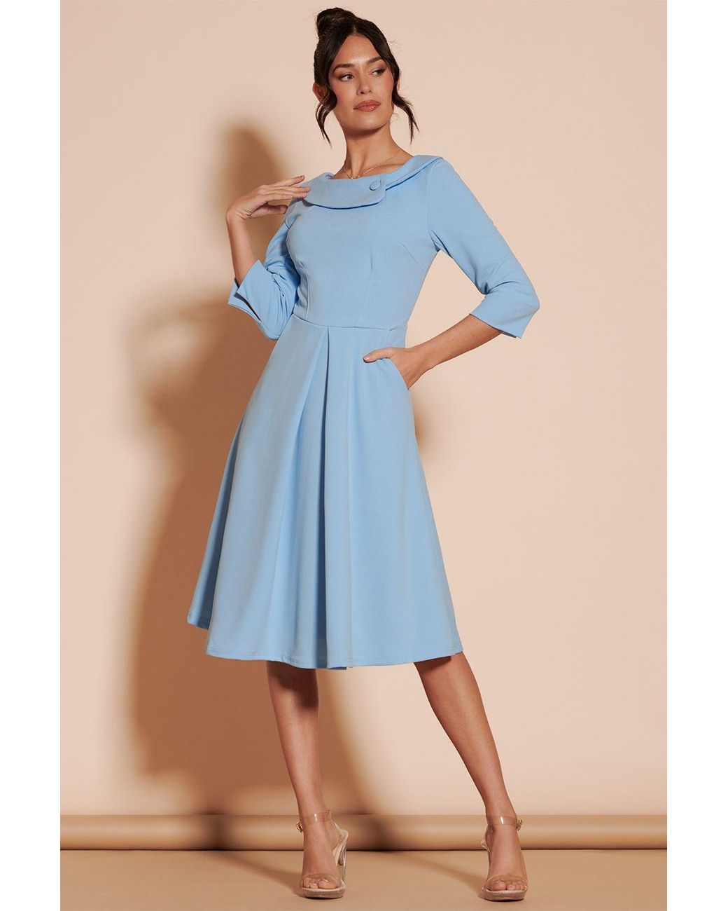 Jolie Moi Blue Fold Neckline Sleeved Midi Dress