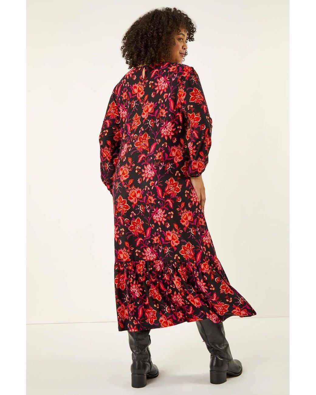 Roman Red Curve Floral Print Stretch Dress