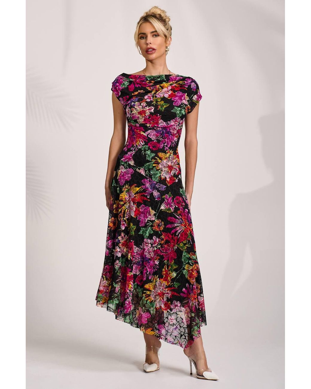 Jolie Moi Red Asymmetric Draped Print Lace Maxi Dress
