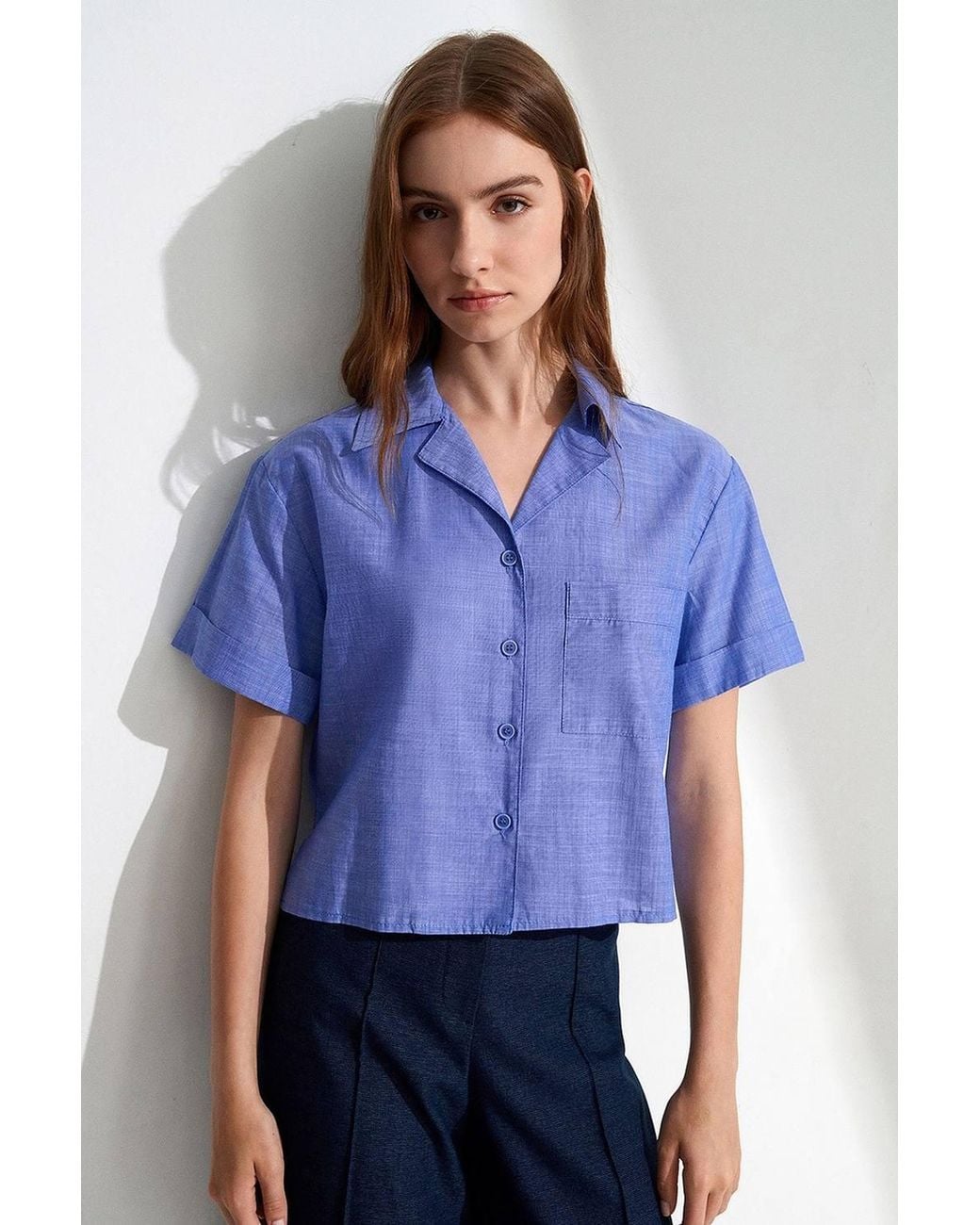 Dilvin Blue Cotton Poplin Crop Shirt