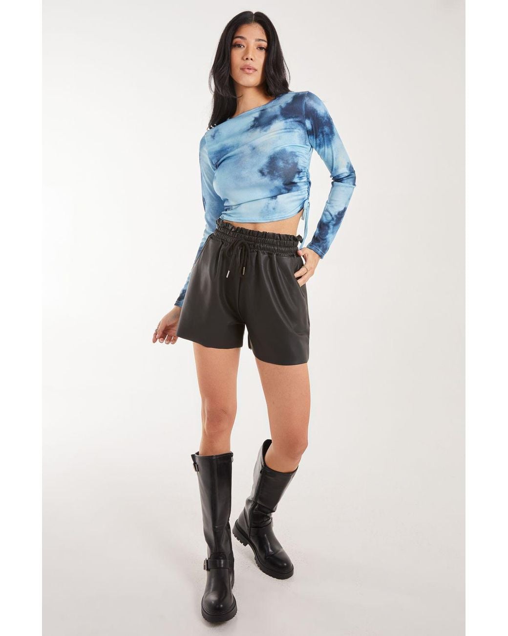 Pink Vanilla Blue Tie Dye Print Long Sleeve Rib Top