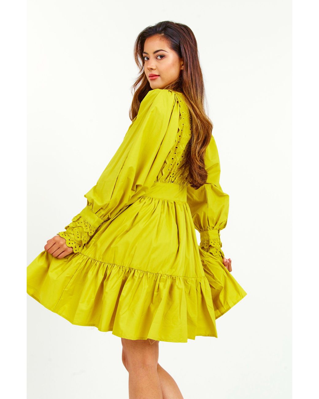 LuvForever Fashion Yellow Embroidered Ruffle Mini Dress