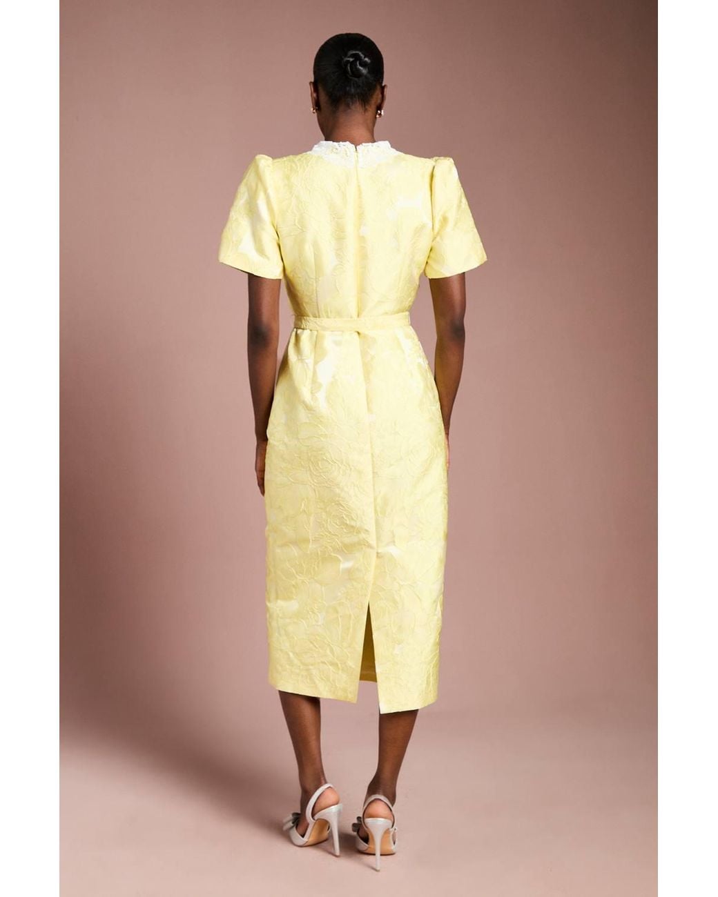 Coast Yellow Puff Sleeve Collared Jacquard Midi Dress