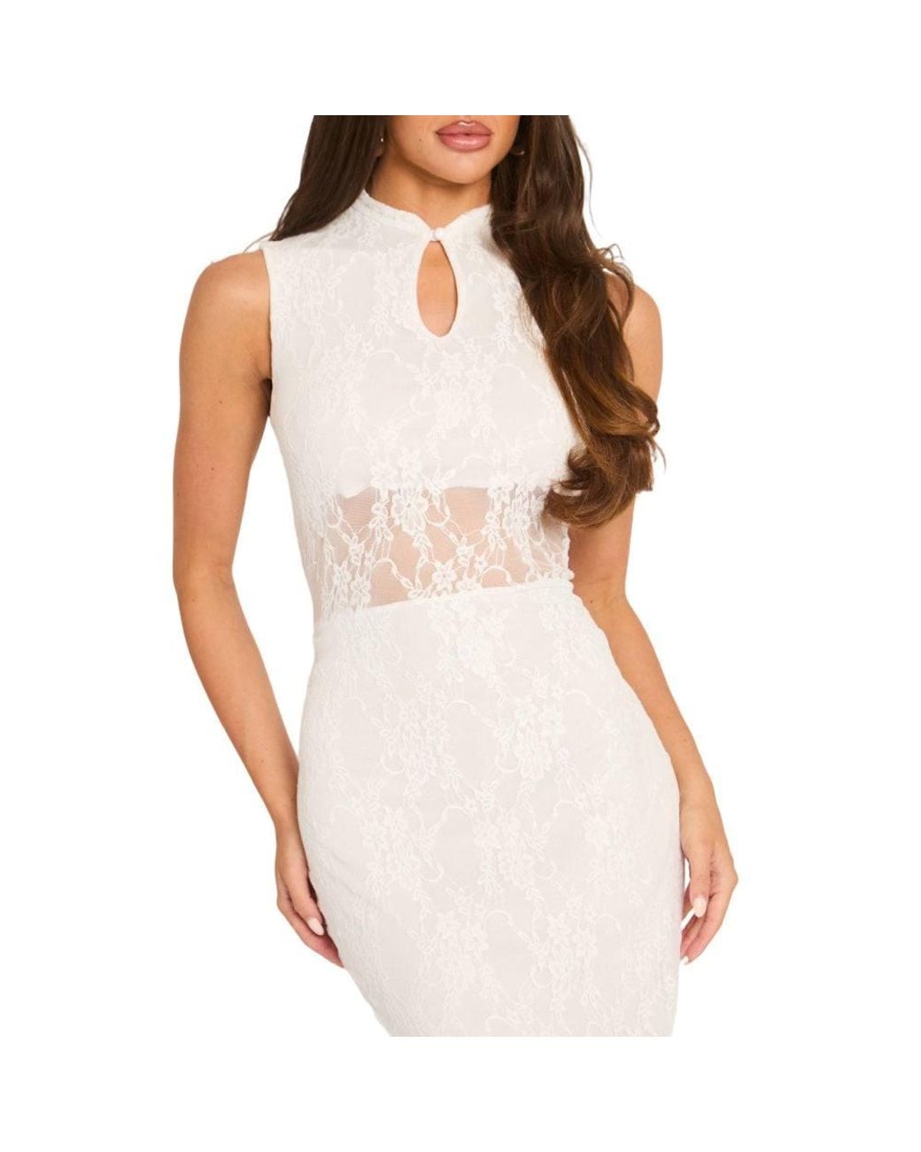 Rebellious Fashion White Lace High Neck Keyhole Detail Maxi Dress