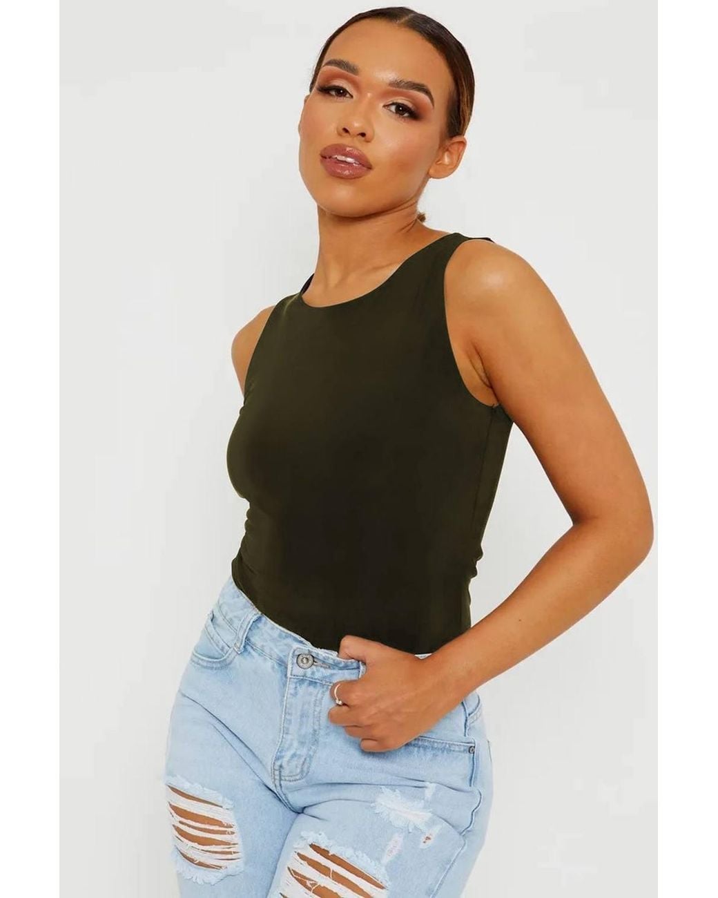 Stylewise Green Slinky Racer Back Sleeveless Bodysuit
