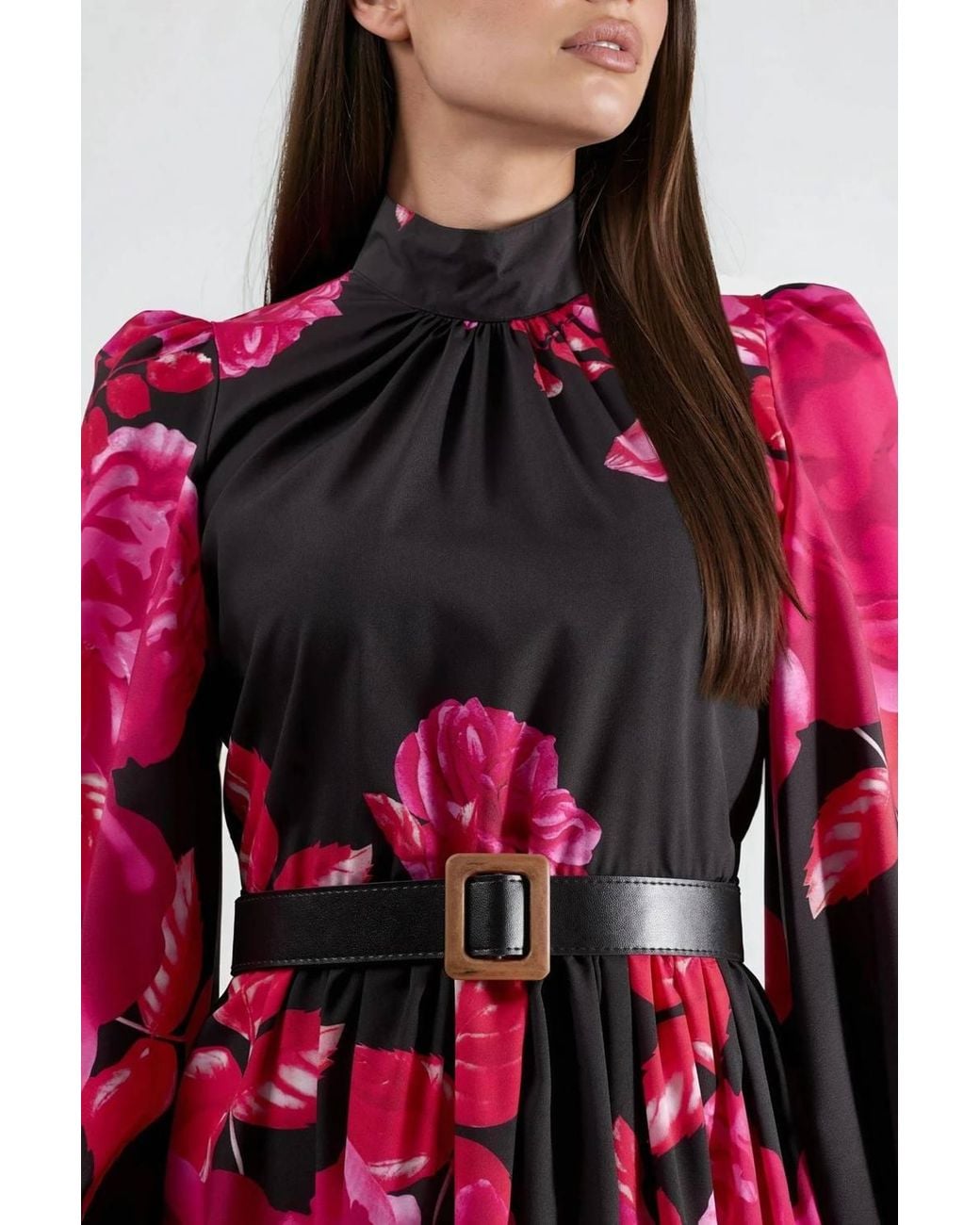 Msn-Collection Red Floral Belted Maxi Dress With Half Turtleneck