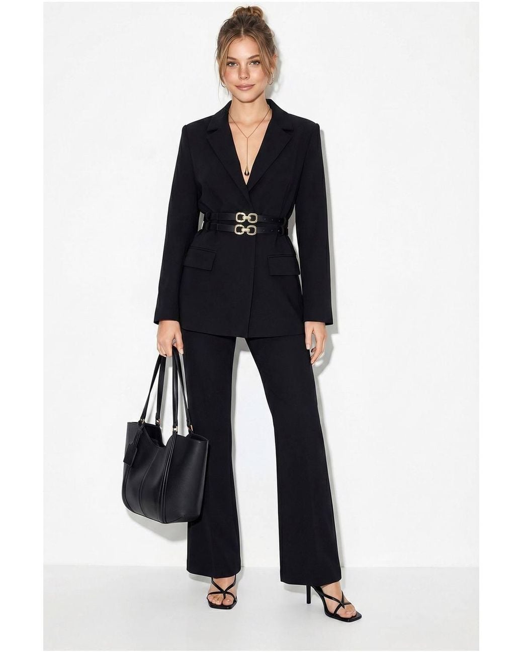 Bianco Lucci Black Long Crepe Blazer With Patch Detail