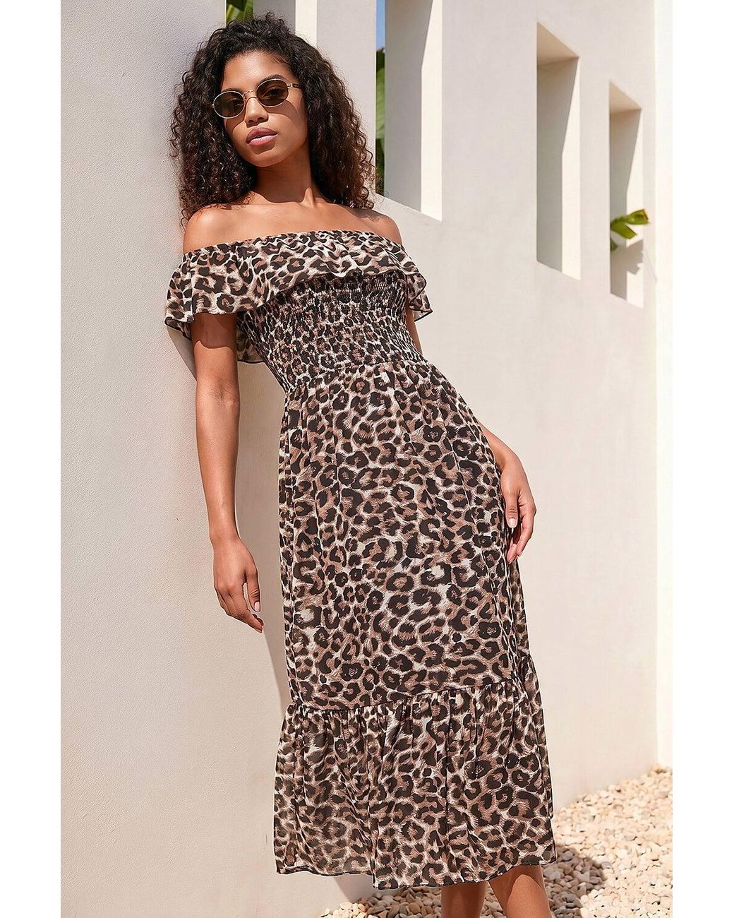 Roman Natural Petite Animal Print Bardot Midi Dress