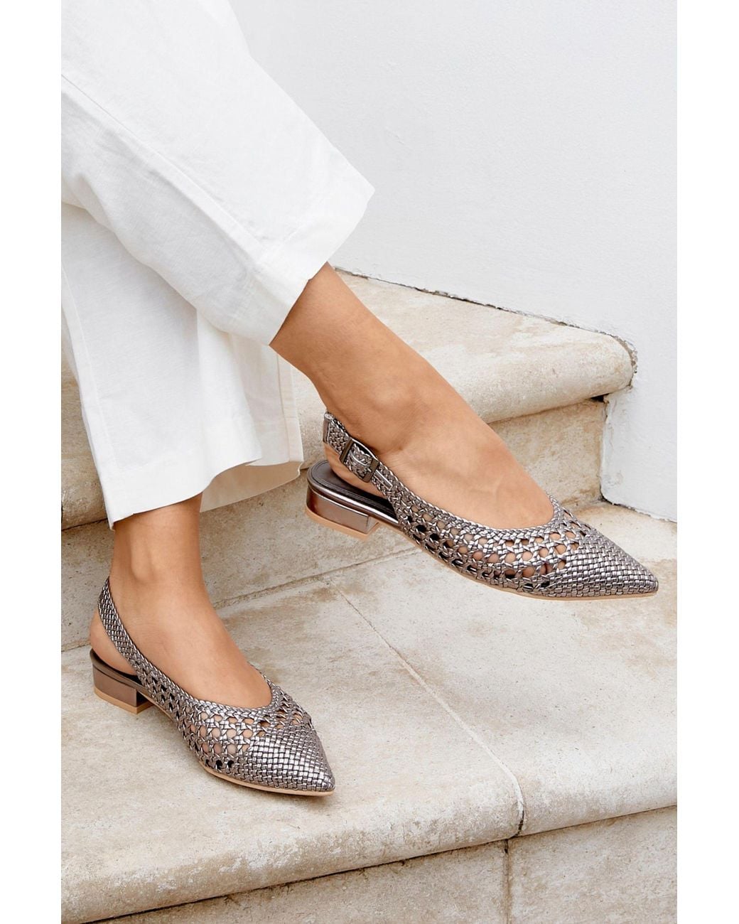 Linzi White Carolina Pewter Faux Leather Ballet Flats