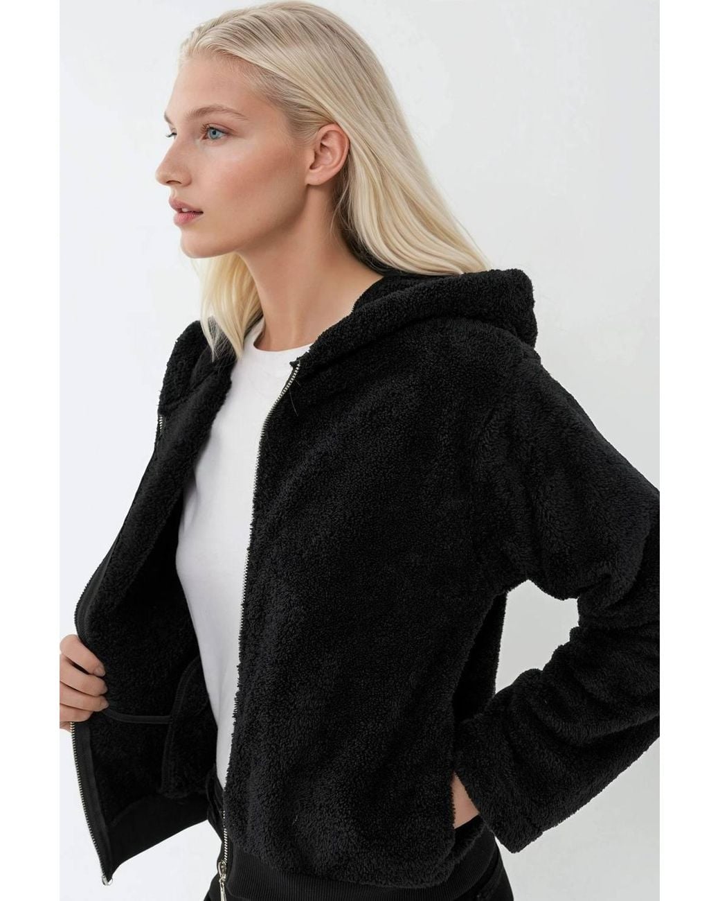 Hiccup Black Textured Full Zip Hooded Fleece Jacket