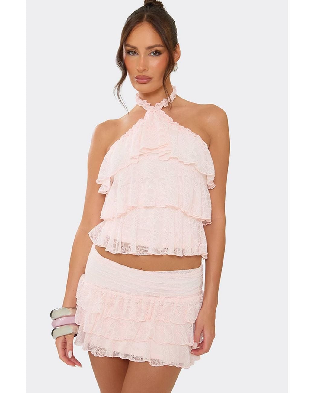 EGO Pink Sleeveless Halter Neck Tiered Lace Top