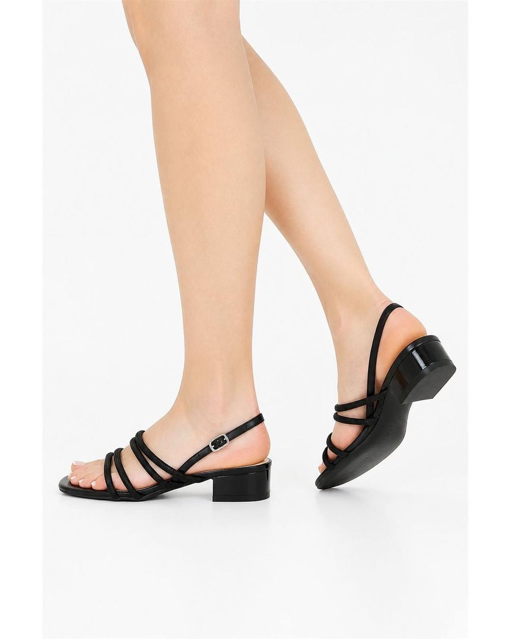 Miss Diva Black Aisha Diamante Strappy Low Block Heel Anklestrap Sandals