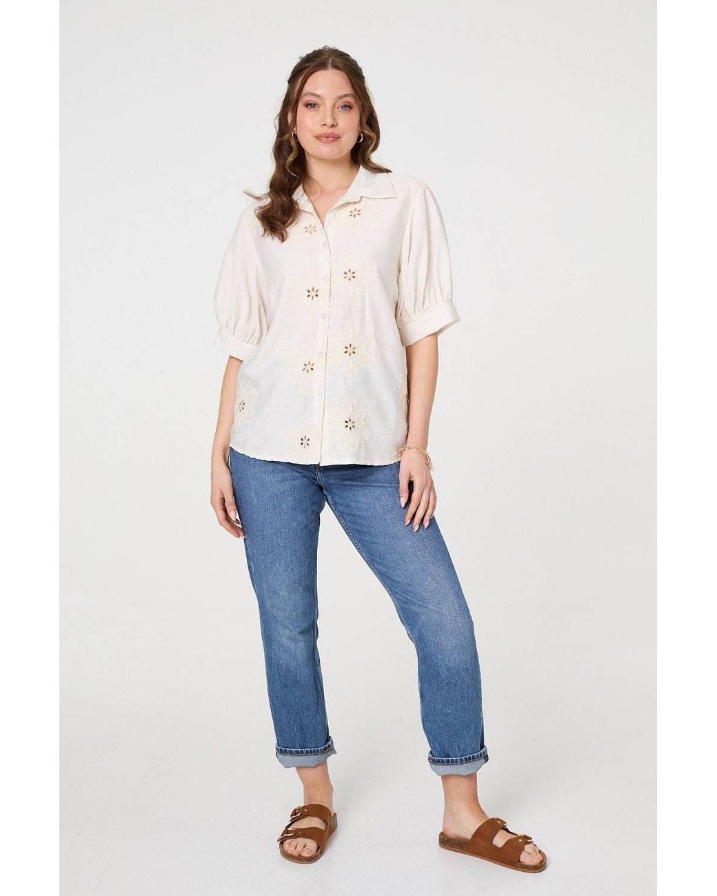 Izabel London White Floral Embroidered Puff Sleeve Blouse