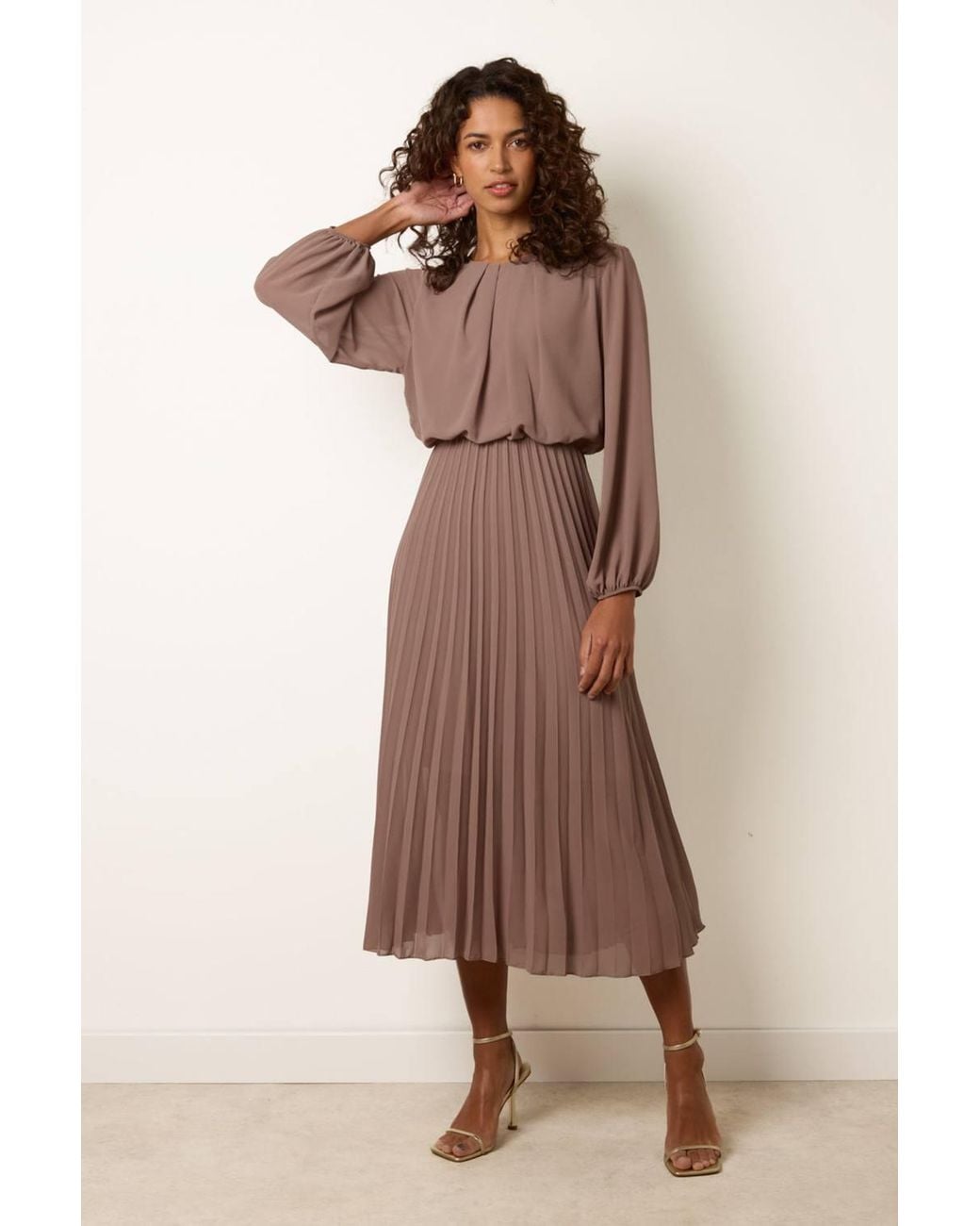 Blue Vanilla Natural Elasticated Waist Long Sleeve Round Neck Midi Dress