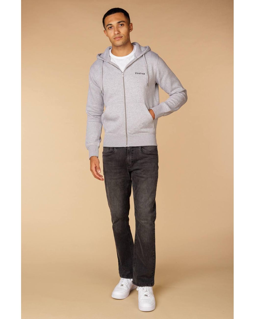 Firetrap Gray Regular Fit Cotton Rich Zip Through Hoody With Drawstring for men