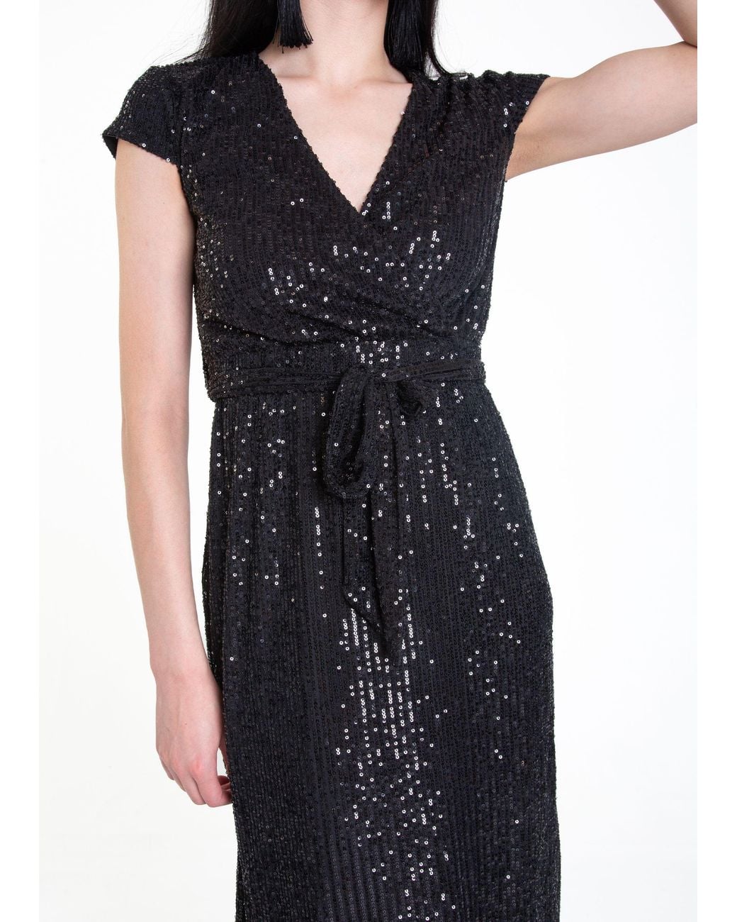 Gini London Blue Sequin Belted Midi Wrap Dress