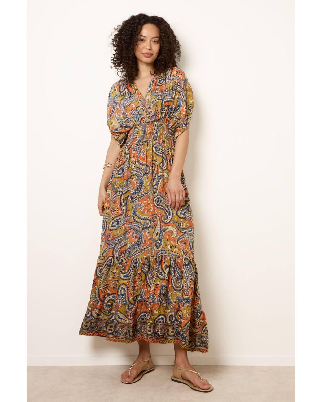 Blue Vanilla Natural Shirred Waist Multi Three Quarter Sleeve V-Neck Maxi Dress