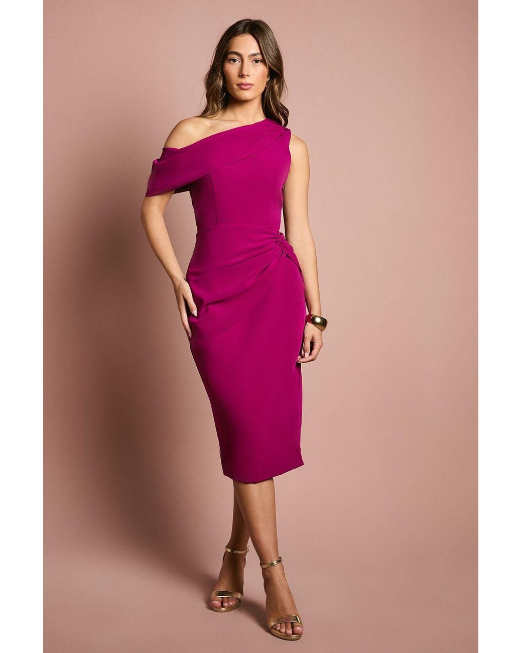 Coast Pink One Shoulder Twist Front Pencil Dress