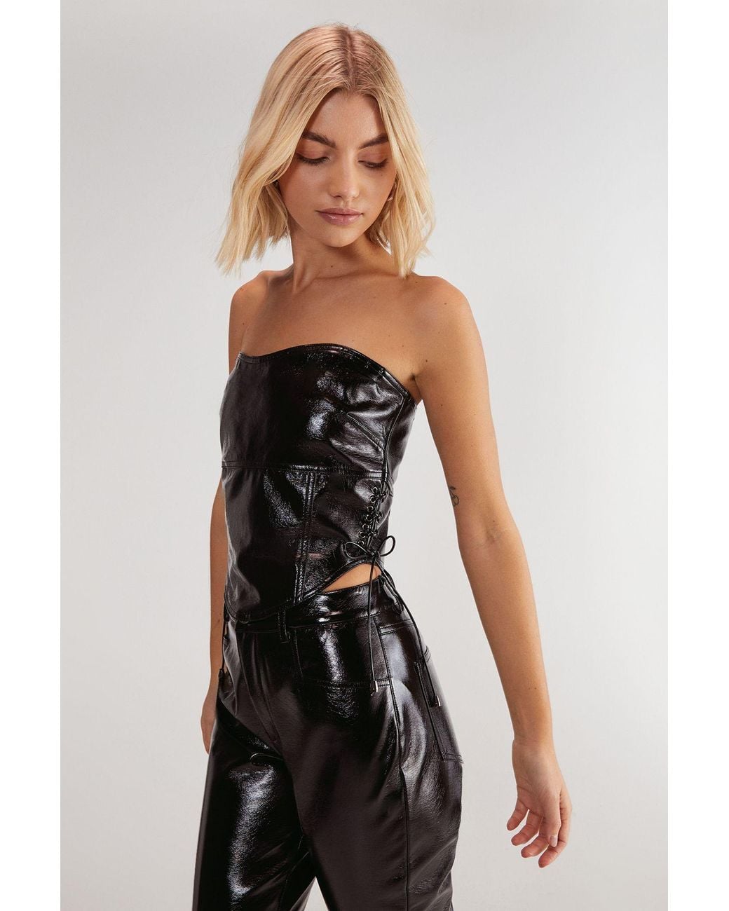 Nasty Gal Black Distressed Vinyl Lace Side Corset Bandeau Top