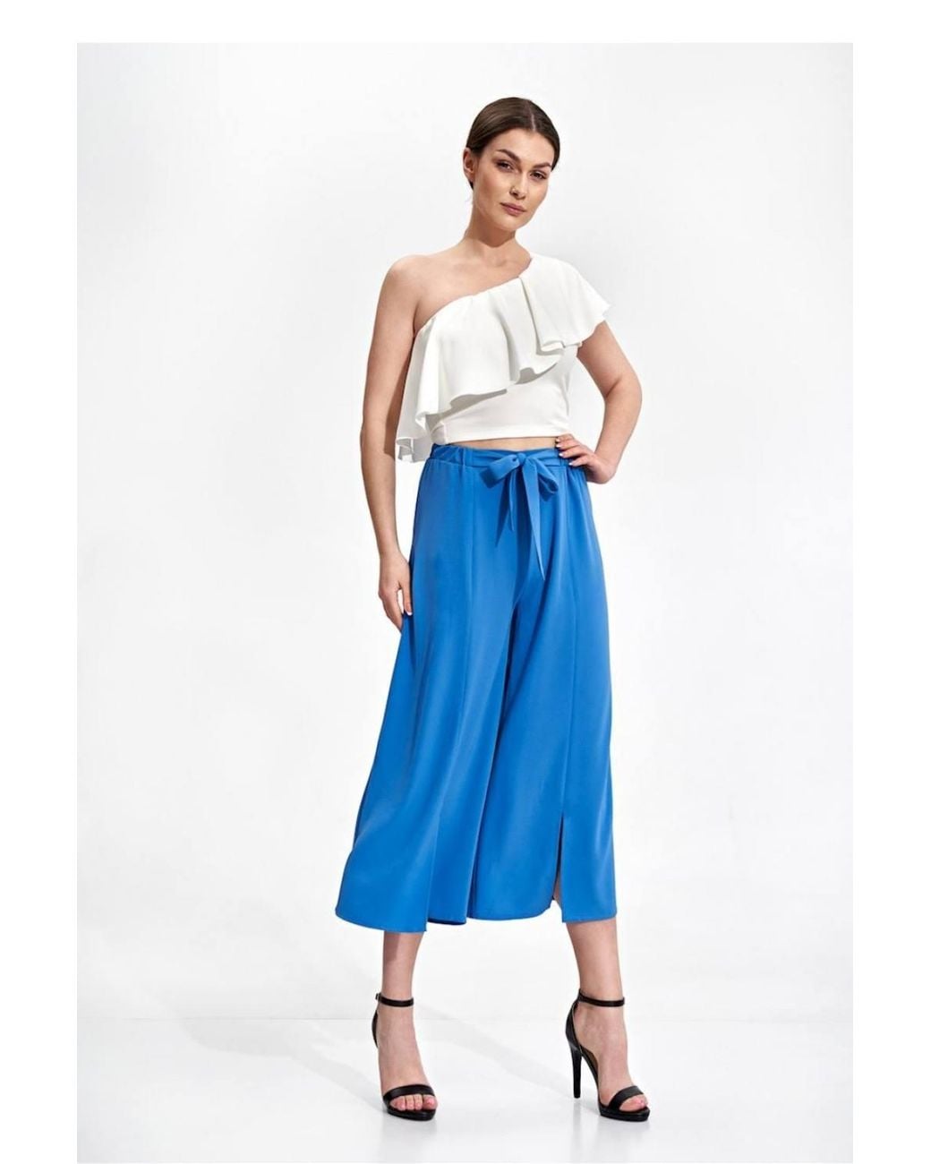 Love Lace Blue Bell Bottom Pants Elastic Waist Front Slit