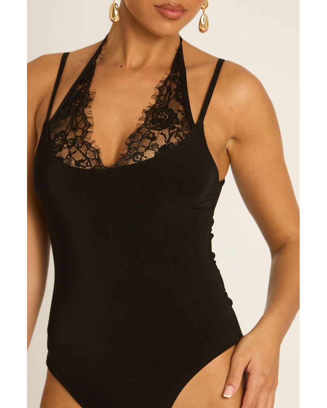 Rebellious Fashion Black Lace Trim Halter Bodysuit