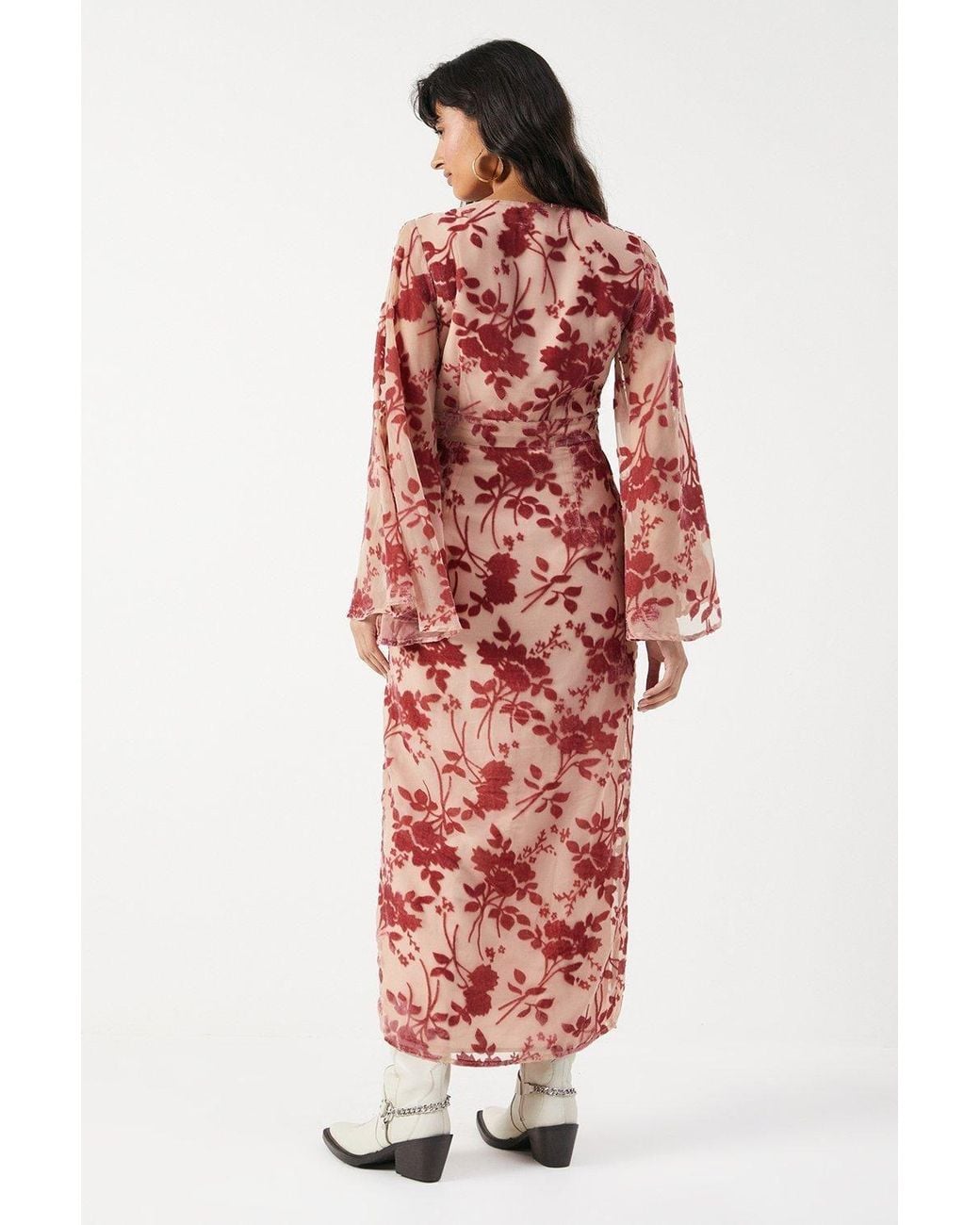 Warehouse Velvet Plunge Neck Flared Sleeve Button Through Midi Dress