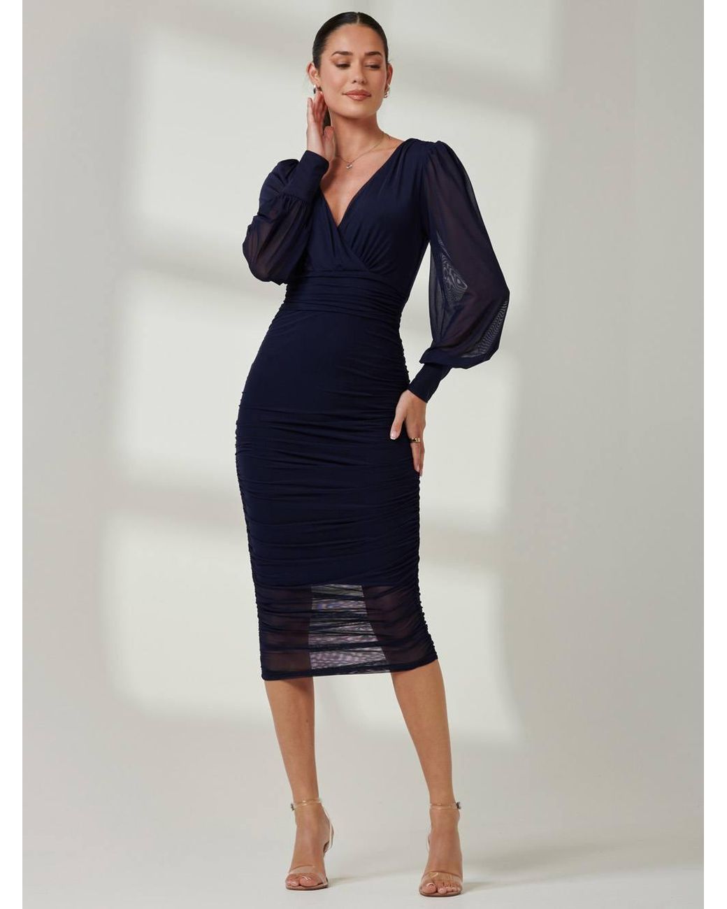 Jolie Moi Blue Long Sleeve Ruched Mesh Midi Dress