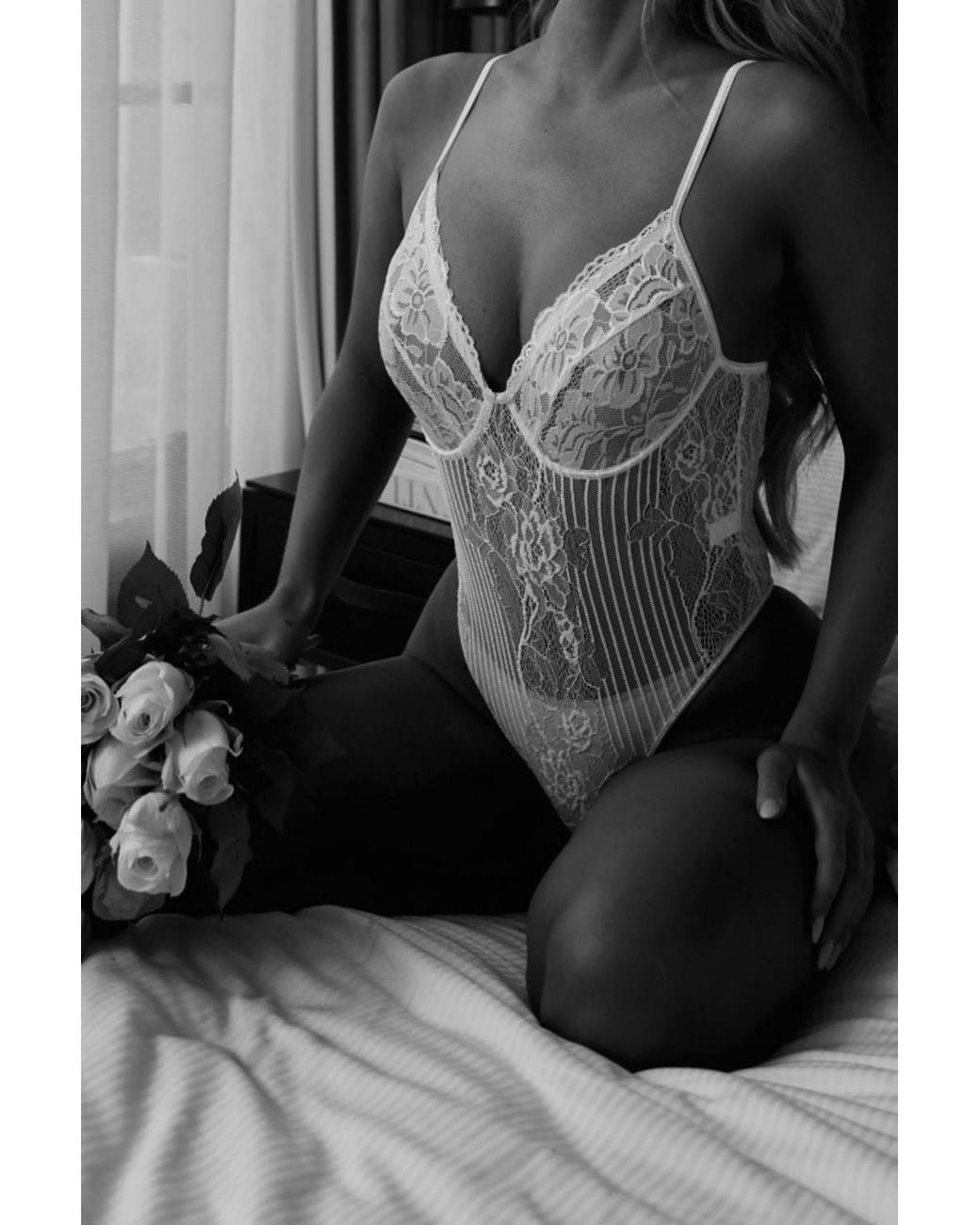 Femme Luxe Gray Stripped Lace Cup Detail Strappy Plunge Bodysuit