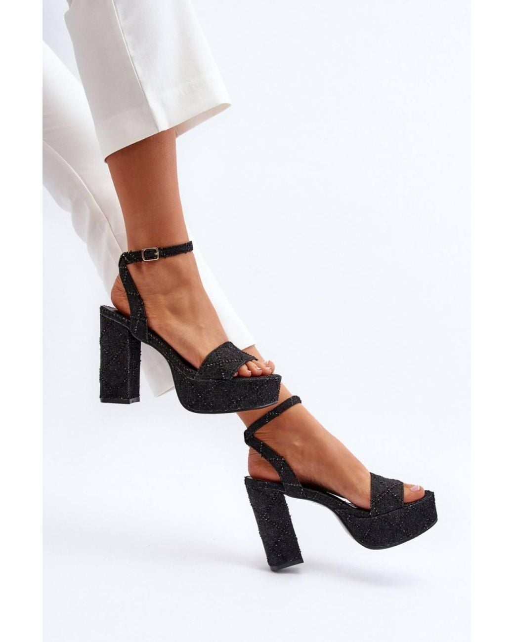 Love Lace Black Textile Stiletto Heel Sandals With Adjustable Buckle Strap