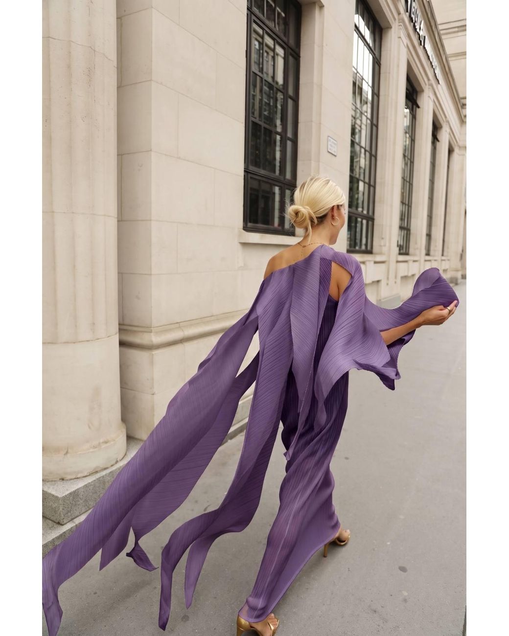 CY Purple Elegant Pleated Cape Sleeve Maxi Dress With Tie Waist