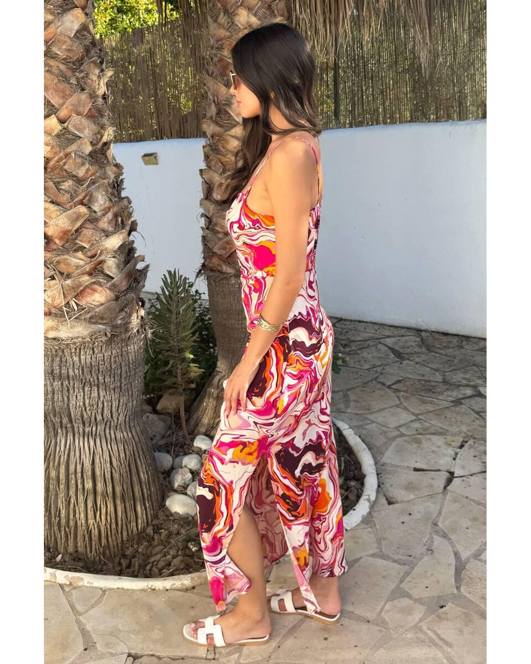 AX Paris Gray Multi Water Marble Print Strappy Slip Midi Dress