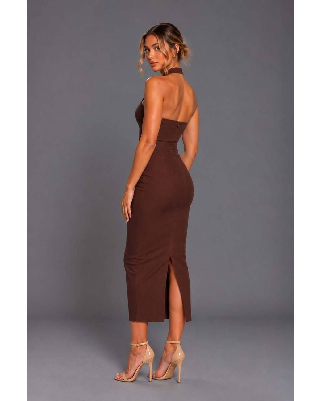 Vesper Gray Scoop Neck Halterneck Bodycon Midaxi Dress