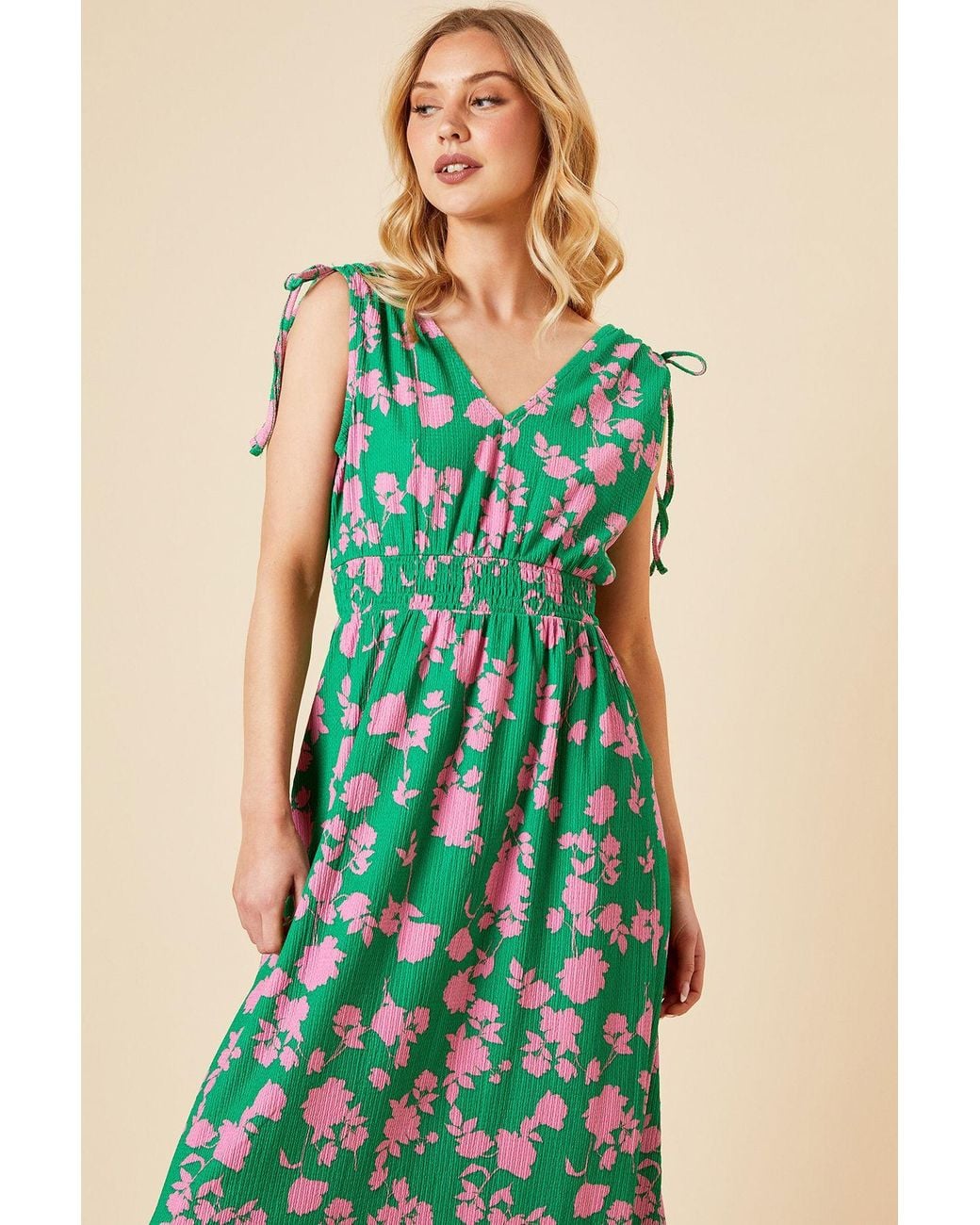 Dorothy Perkins Green Floral Tie Shoulder Shirred Waist Jersey Midi Dress