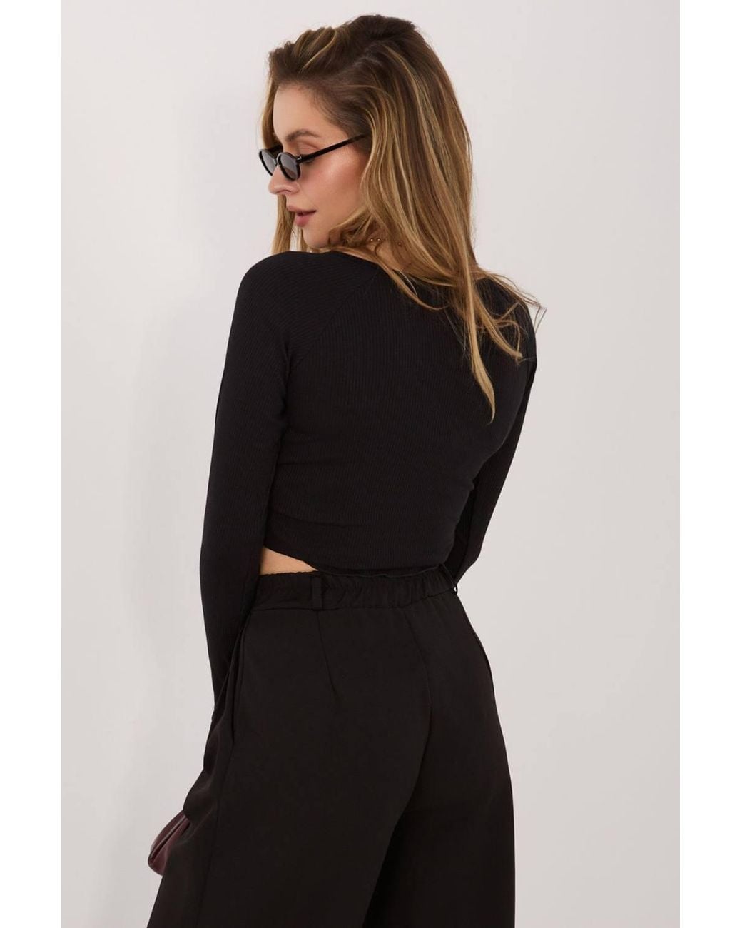 Love Lace Black Ribbed Viscose V-Neck Long Sleeve Blouse