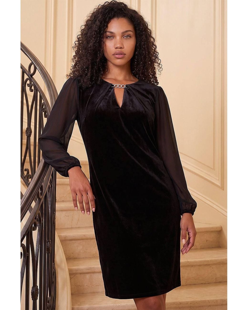 Roman Black Petite Contrast Sleeve Velvet Dress