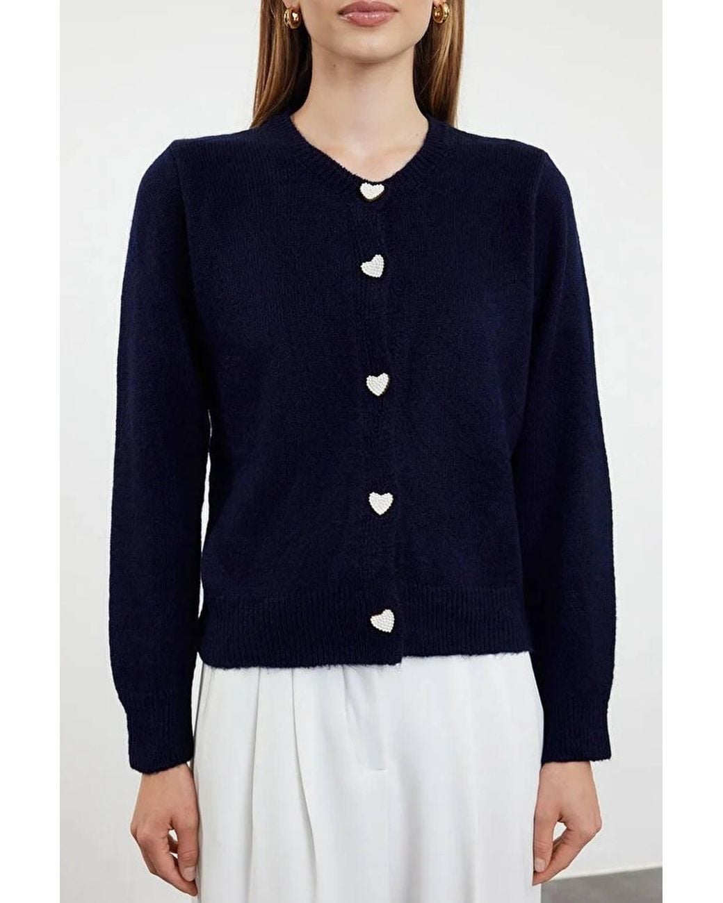 WOVCOR Blue Soft-Textured Knit Cardigan Jewelry Button Detail