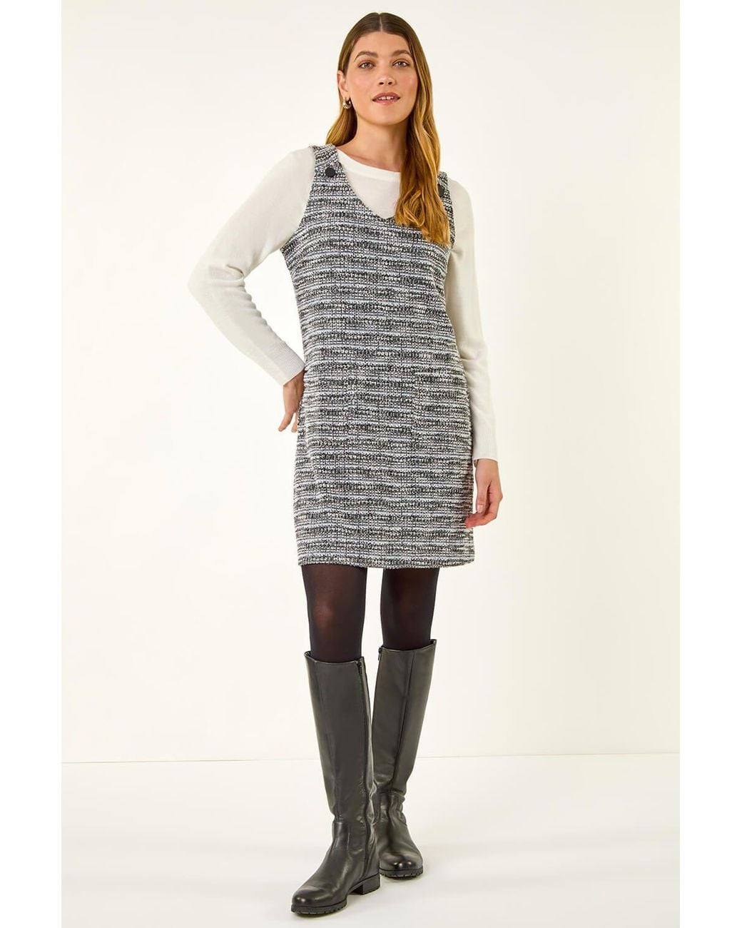 Roman Gray Textured A-Line Pocket Dress