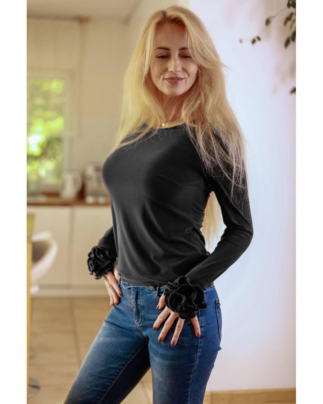 Love Lace Black Polyamide Everyday Long Sleeve Blouse