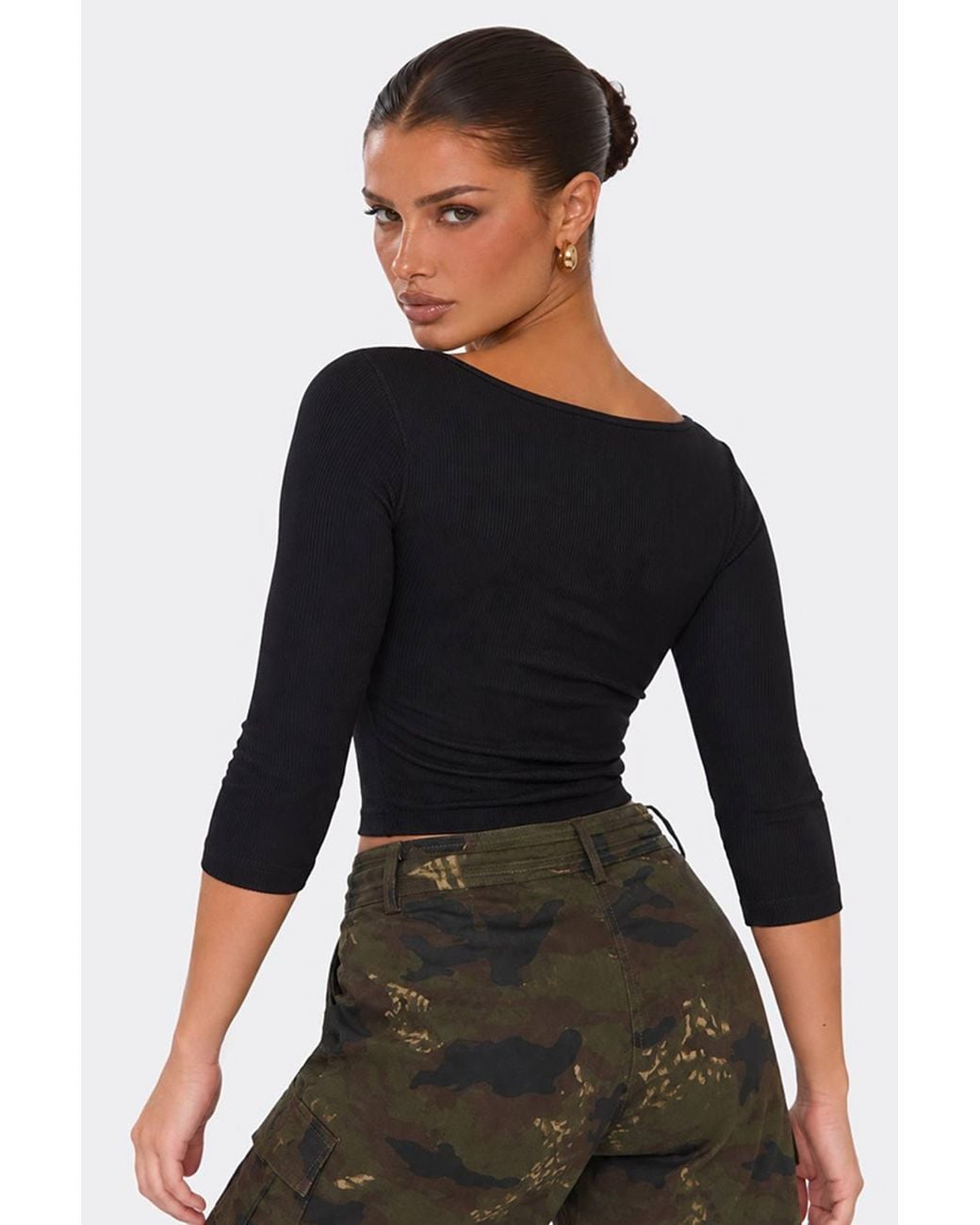 EGO Black Long Sleeve Plunging Neckline Ribbed Top